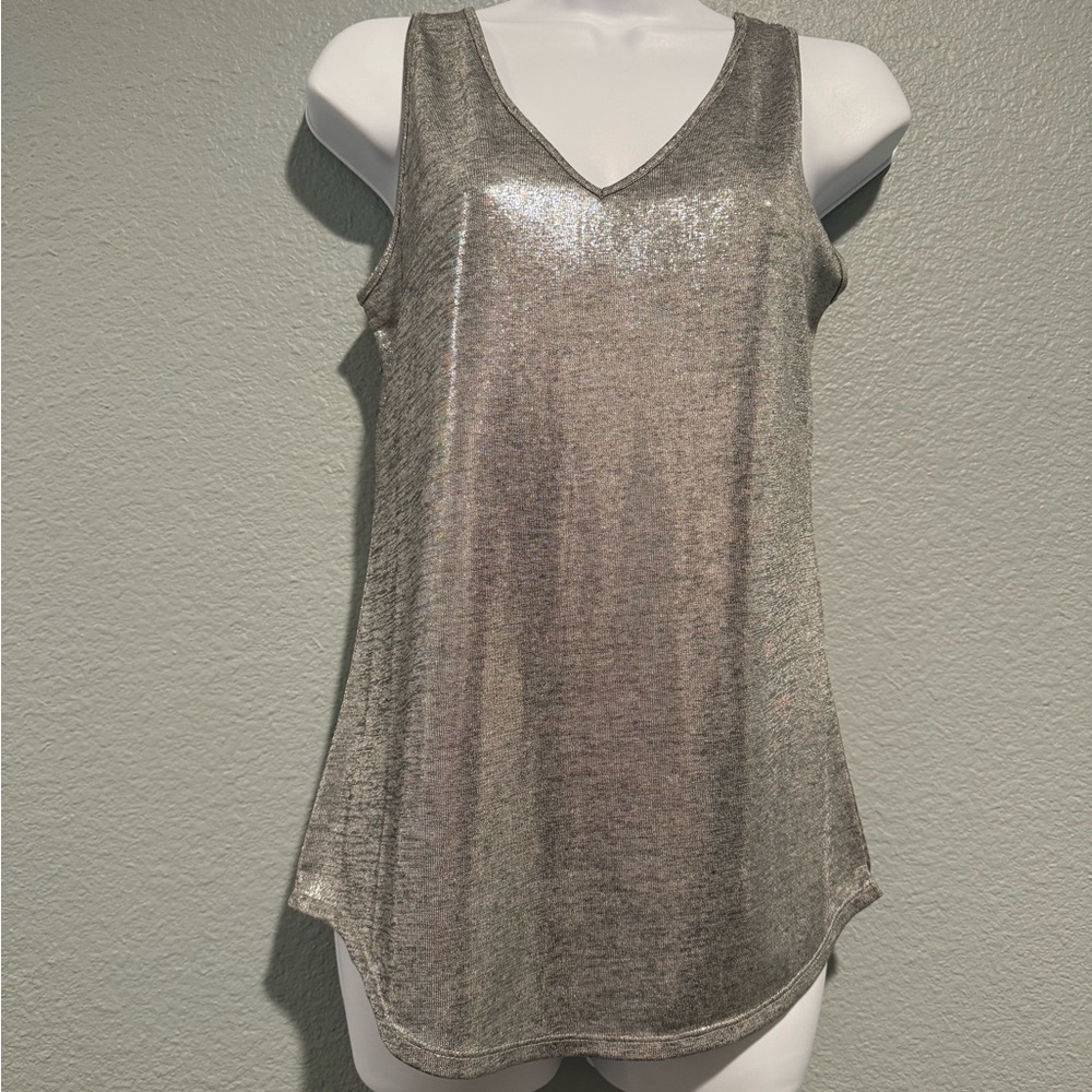White House Black Market Silver Metallic “Dual Neck” Tank - XS